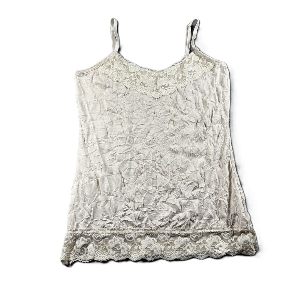 Cato Women Vintage Y2K Cami Tank Top Crinkle Lace Trim Layering Beige Med P194